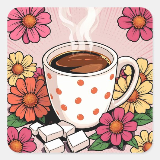 Schattigee Polka Dot koffiebeker en bloemen Vierkante Sticker (Voorkant)