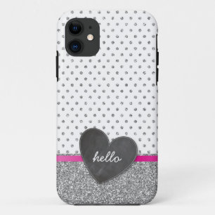 SCHATTIGEE polka dot krijtbord hart glitter zilver iPhone 11 Hoesje