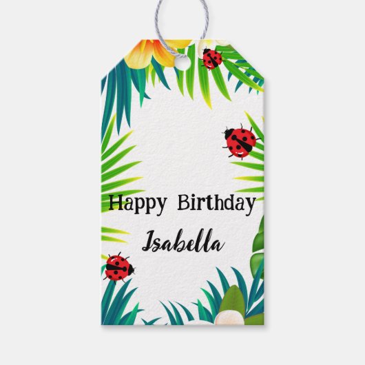 Schattigee Polka dot Ladybug Zomer Bloempalm Verja Cadeaulabel (Voorkant)