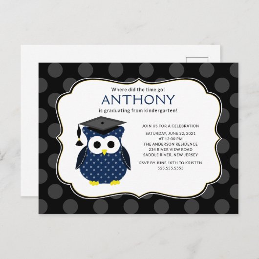 Schattigee Polka dots Afstudeerder Owl Boy Afstude Briefkaart (Voorkant / Achterkant)