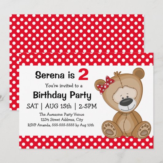 Schattigee Polka Dots Teddy Bear Girl's Verjaardag Kaart (Voorkant / Achterkant)