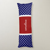 Schattigee polka stippen, rood wit & blauw, jouw n lichaamskussen (Achterkant (Verticaal))