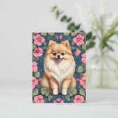 Schattigee Pommerse hond met roze petunia's Briefkaart (Staand voorkant)