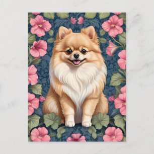 Schattigee Pommerse hond met roze petunia's Briefkaart