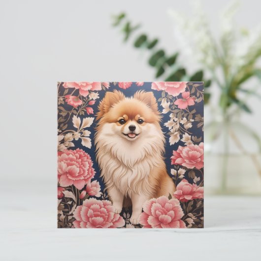 Schattigee Pommerse Hond Roze Bloemen Dank u kaart (Staand voorkant)