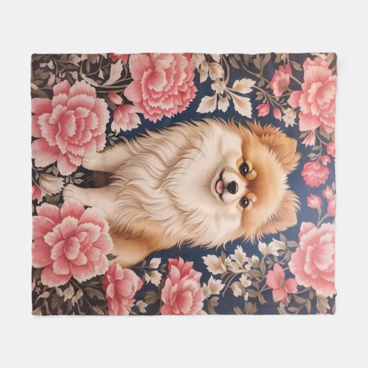 Schattigee Pommerse Hond Roze Bloemen Fleece Deken (Voorkant (Horizontaal))