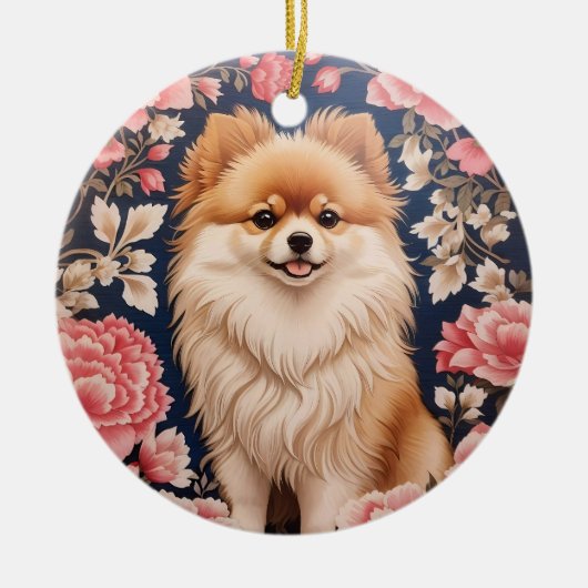 Schattigee Pommerse Hond Roze Bloemen Keramisch Ornament (Voorkant)