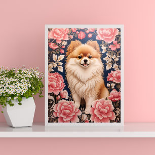 Schattigee Pommerse Hond Roze Bloemen Poster