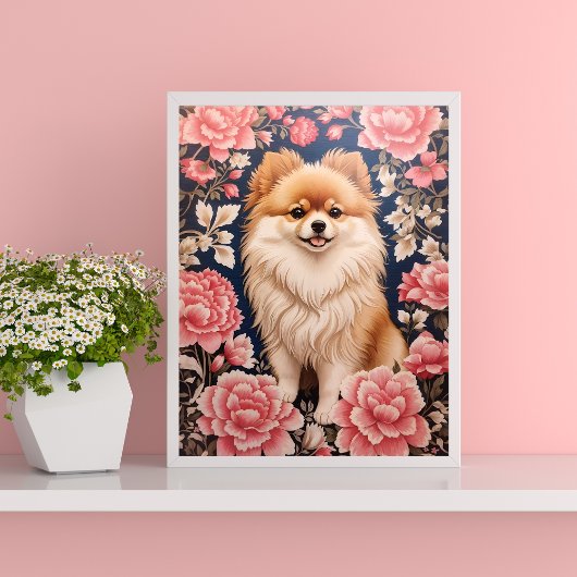 Schattigee Pommerse Hond Roze Bloemen Poster