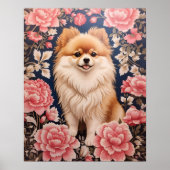 Schattigee Pommerse Hond Roze Bloemen Poster (Voorkant)