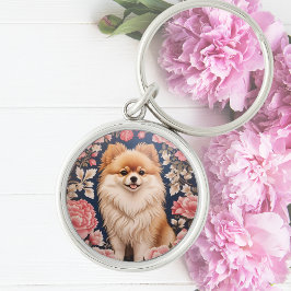 Schattigee Pommerse Hond Roze Bloemen Sleutelhanger