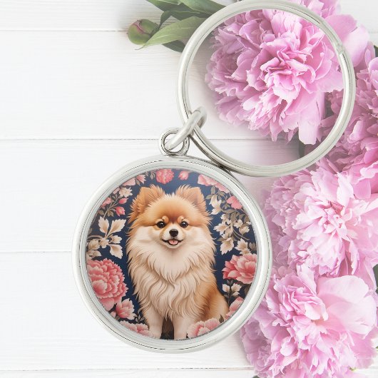 Schattigee Pommerse Hond Roze Bloemen Sleutelhanger