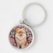 Schattigee Pommerse Hond Roze Bloemen Sleutelhanger (Voorkant)