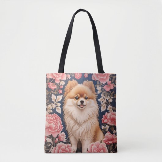Schattigee Pommerse Hond Roze Bloemen Tote Bag (Voorkant)