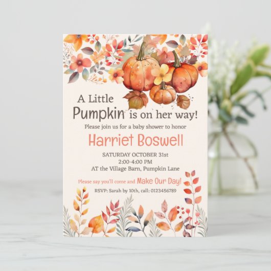 Schattigee pompoen Baby shower uitnodiging, BEWERK Kaart (Staand voorkant)