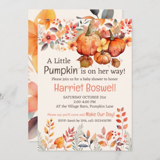 Schattigee pompoen Baby shower uitnodiging, BEWERK Kaart (Voorkant / Achterkant)