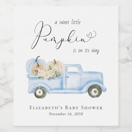Schattigee Pompoen Blue Truck Waterverf Baby Boy S Wijn Etiket (Enkel label)
