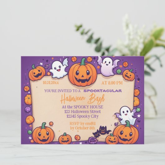 Schattigee pompoen Halloween Bash Oranje Paarse Kaart (Staand voorkant)