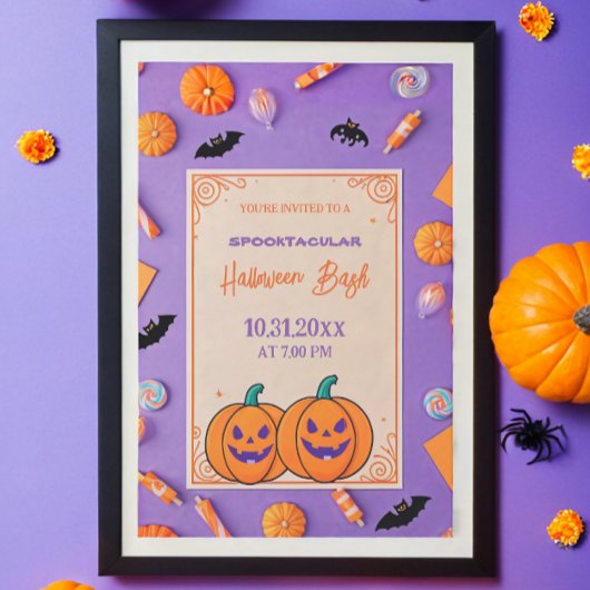 Schattigee pompoen Halloween Bash Oranje Paarse Kaart