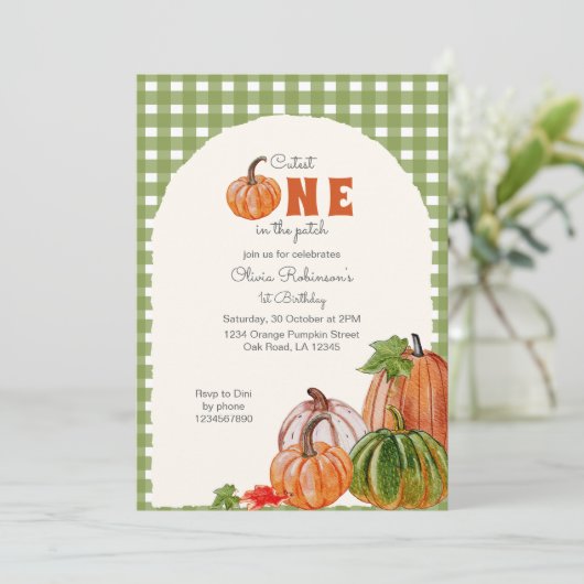 Schattigee pompoen in de patch 1e verjaardag kaart (Staand voorkant)