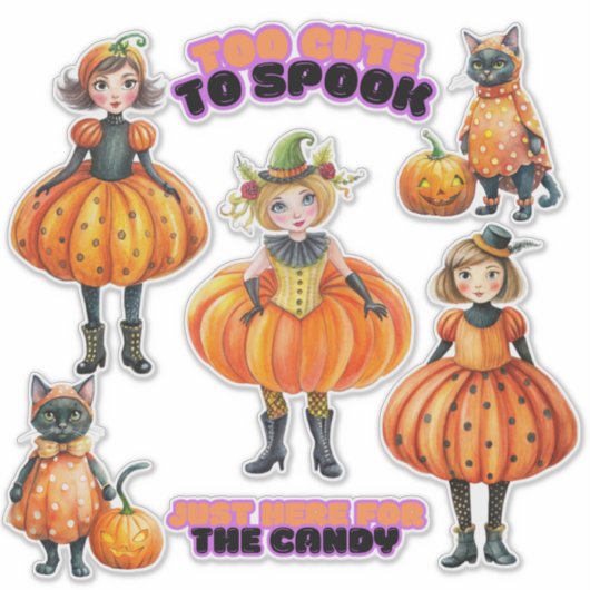 Schattigee pompoen meisjes en katten sticker (Voorkant)