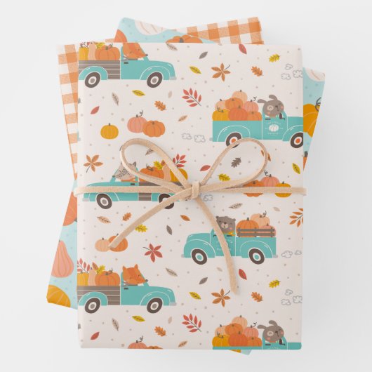 Schattigee Pompoen Patch Trucks met Dieren Inpakpapier Vel (In situ)