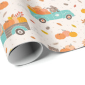 Schattigee Pompoen Patch Trucks met Dierencrème Cadeaupapier (Rol Hoek)