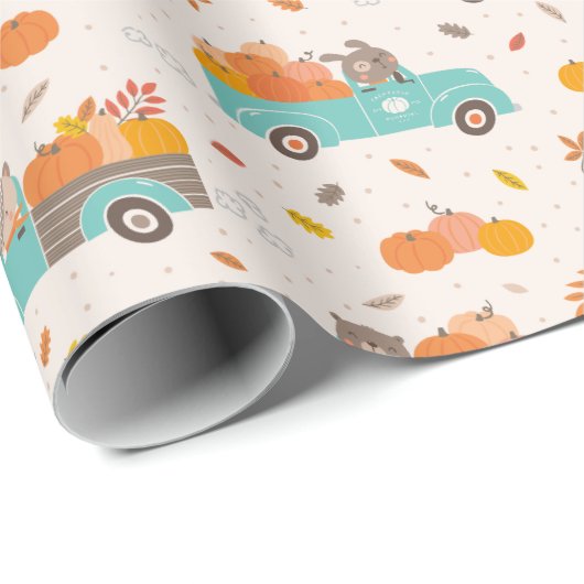 Schattigee Pompoen Patch Trucks met Dierencrème Cadeaupapier (Rol Hoek)