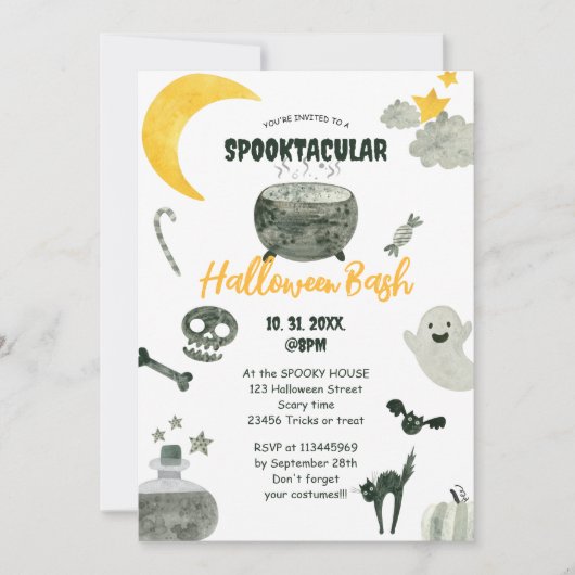 Schattigee pompoen Waterverf Halloween Bash Kaart (Voorkant)