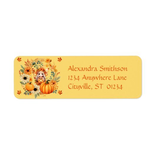 Schattigee pompoenfee in herfstkrans etiket (Voorkant)