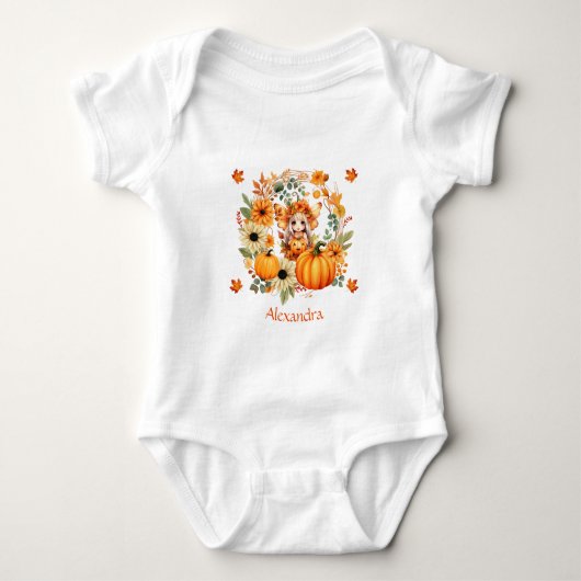 Schattigee pompoenfee in herfstkrans romper (Voorkant)