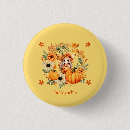 Schattigee pompoenfee in herfstkrans ronde button 3,2 cm (Voorkant)