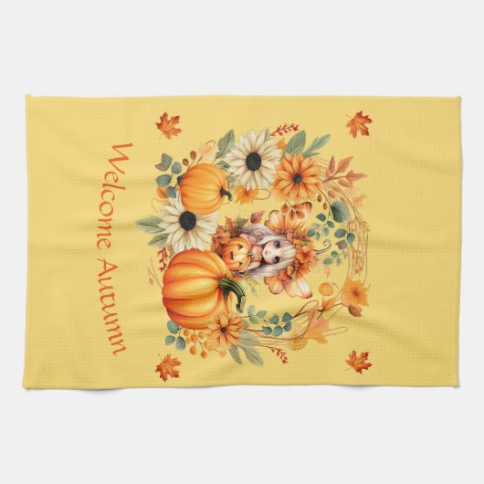 Schattigee pompoenfee in herfstkrans theedoek (Horizontaal)