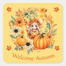 Schattigee pompoenfee in herfstkrans vierkante sticker