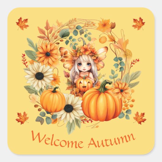 Schattigee pompoenfee in herfstkrans vierkante sticker (Voorkant)