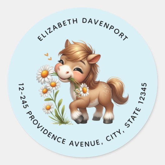 Schattigee Pony Eating Daisies Adres Ronde Sticker (Voorkant)