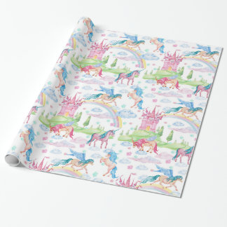 Schattigee Pony Eenhoorns Waterverf Papierpatroon Cadeaupapier