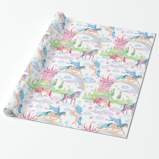 Schattigee Pony Eenhoorns Waterverf Papierpatroon Cadeaupapier (Uitgerold)