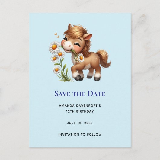 Schattigee Pony eet madeliefjes Aankondigingskaart (Voorkant)