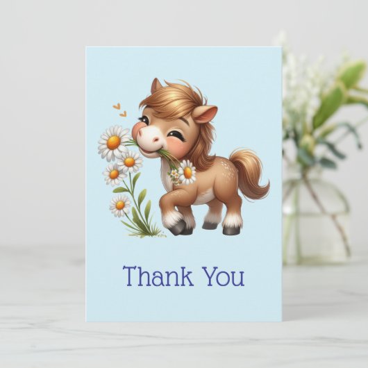 Schattigee Pony eet madeliefjes Bedankkaart (Staand voorkant)