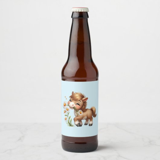 Schattigee Pony eet madeliefjes Bier Etiket (Voorkant)