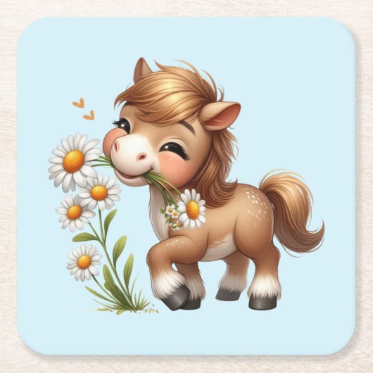 Schattigee Pony eet madeliefjes Kartonnen Onderzetters (Voorkant)