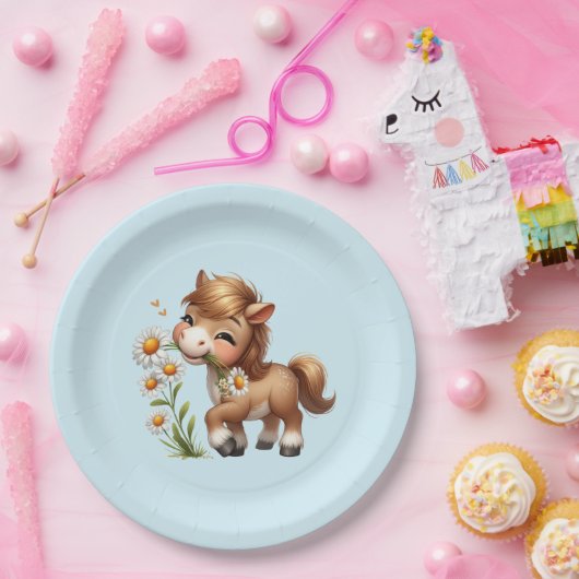 Schattigee Pony eet madeliefjes Papieren Bordje (Feest)