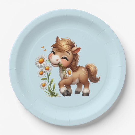 Schattigee Pony eet madeliefjes Papieren Bordje (Voorkant)