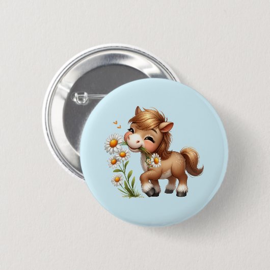 Schattigee Pony eet madeliefjes Ronde Button 5,7 Cm (Voorkant /achterkant)