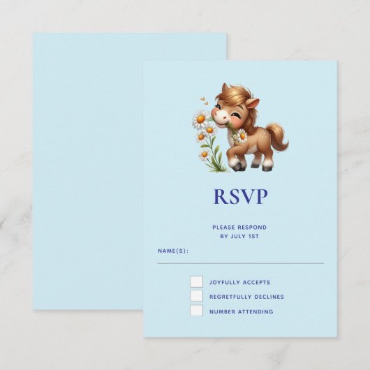 Schattigee Pony eet madeliefjes RSVP Kaartje (Voorkant / Achterkant)