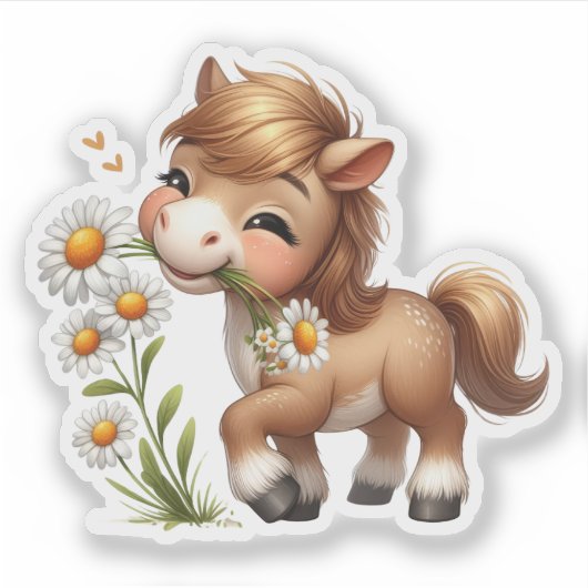 Schattigee Pony eet madeliefjes Sticker (Voorkant)