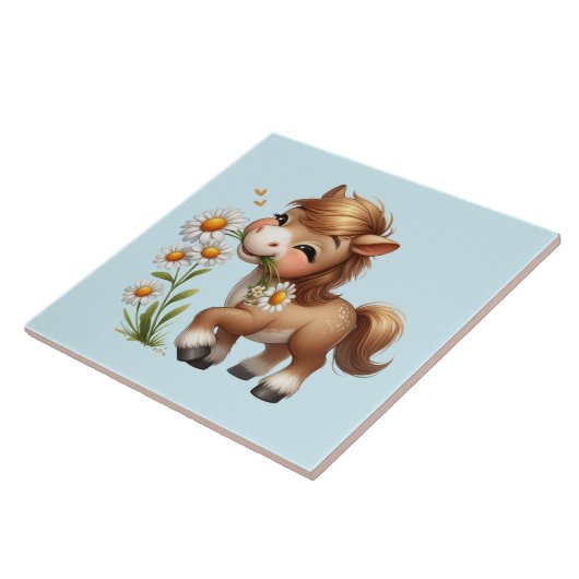 Schattigee Pony eet madeliefjes Tegeltje (Zijkant)