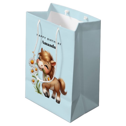 Schattigee Pony eet madeliefjes verjaardag Medium Cadeauzakje (Achterkant Gekanteld)