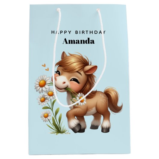 Schattigee Pony eet madeliefjes verjaardag Medium Cadeauzakje (Voorkant)
